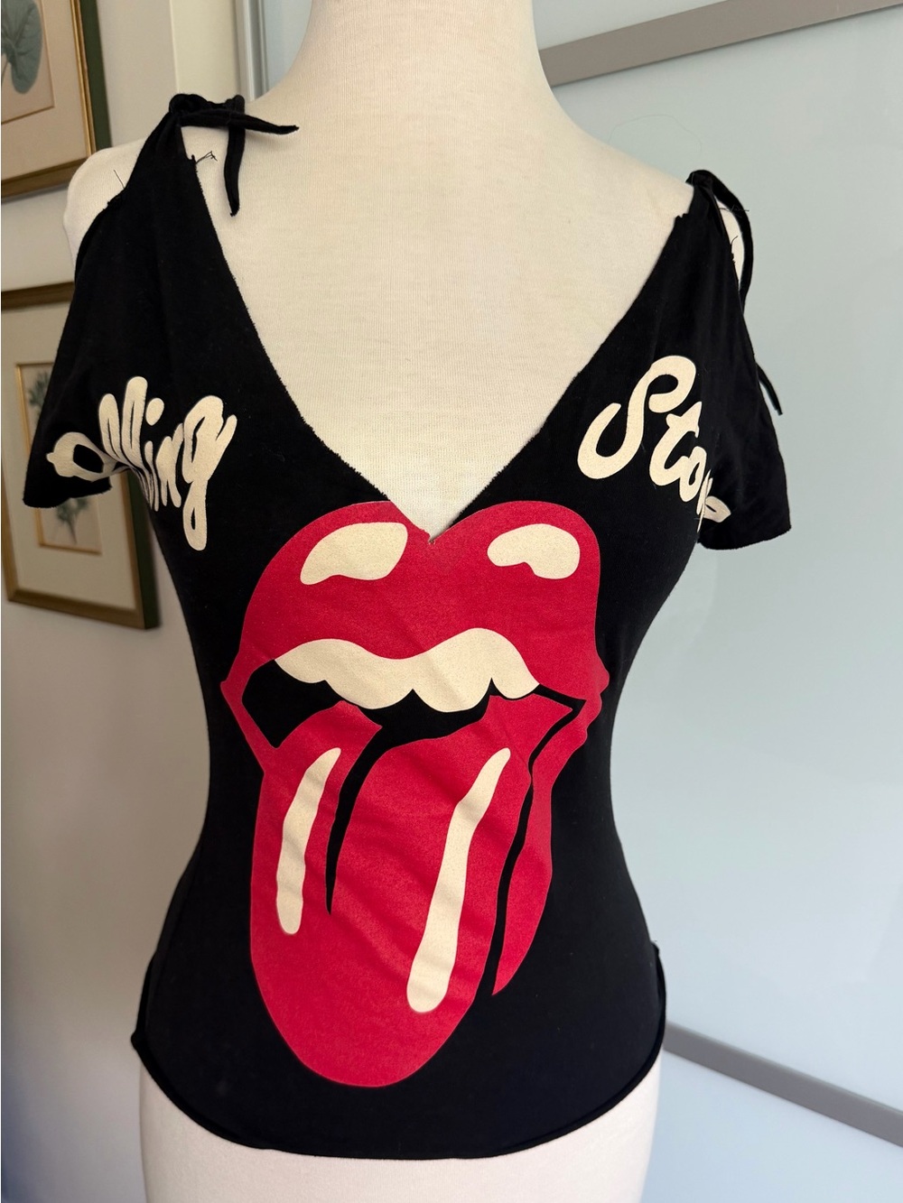 Vintage Rolling Stones Graphic Bodysuit Cold Shoulder Tie Top No Tag xs